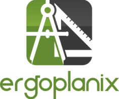 Logo d’Ergoplanix avec une icône de compas et d’équerre sur fond vert et gris.