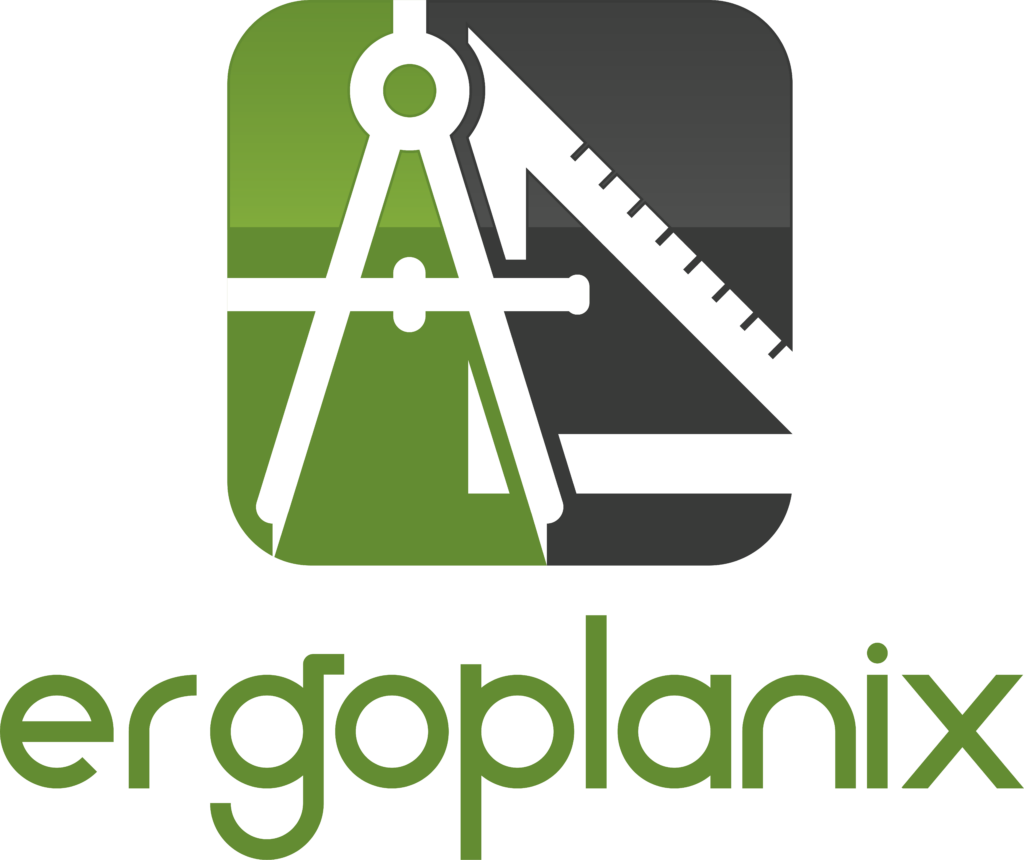 Logo de l’entreprise Ergoplanix, combinant des éléments de dessin technique avec un compas et une équerre sur un fond vert et noir.